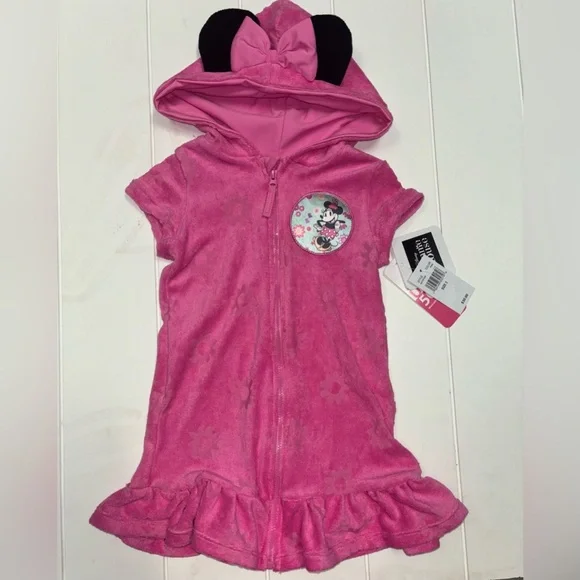 Disney Terry Pink Minnie Mouse Hooded Robe Beach Cover Up Dress Girls - Picture 2 of 8